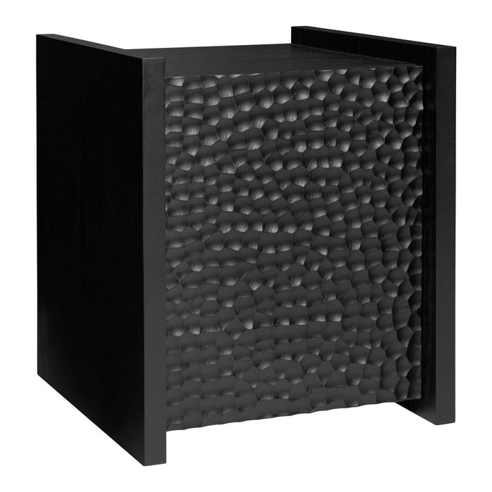 Black nightstand with a textured, waved pattern on the front, sleek matte finish on the sides.