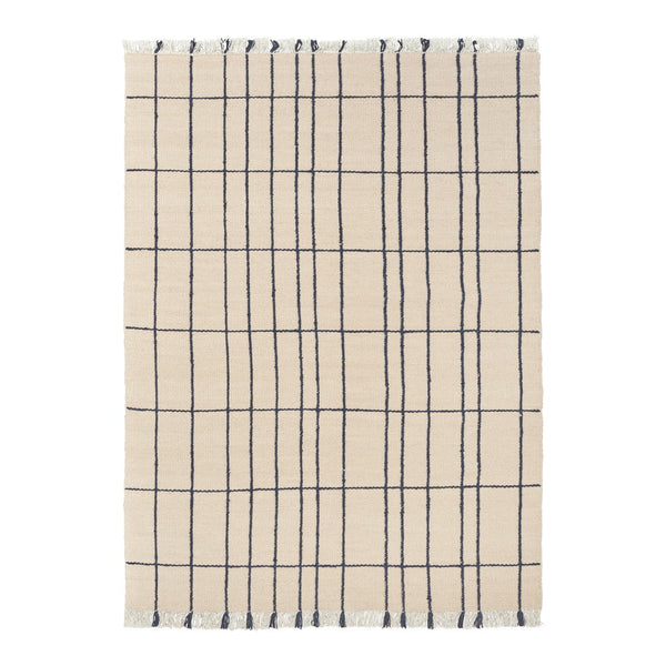 Beige plaid rug with navy grid pattern, ideal for modern decor. Soft texture and stylish design enhance any space.