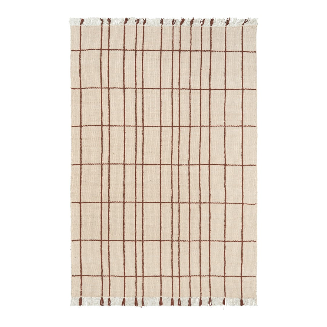 Beige rug with a grid pattern featuring thin brown lines, perfect for adding warmth to any space.