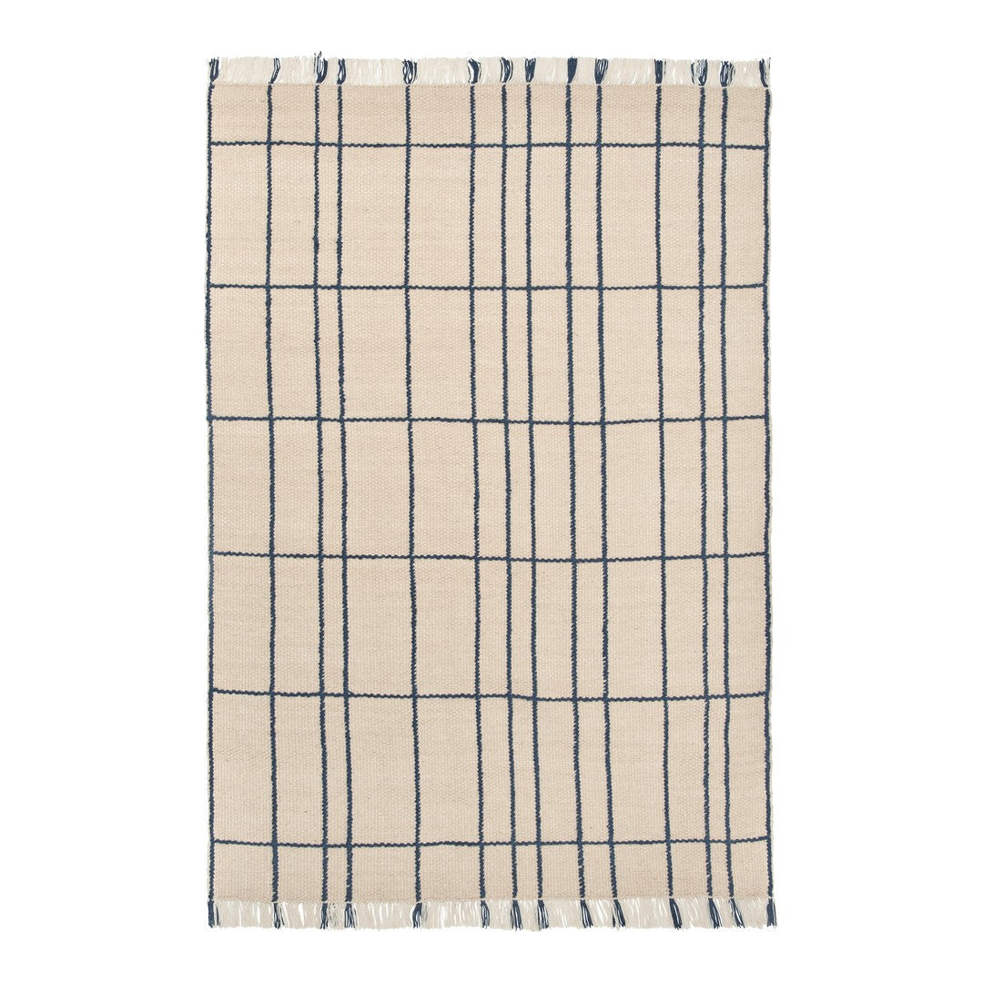 Beige rug with a grid pattern featuring navy blue lines, adding a modern touch to any space. Perfect for versatile decor.