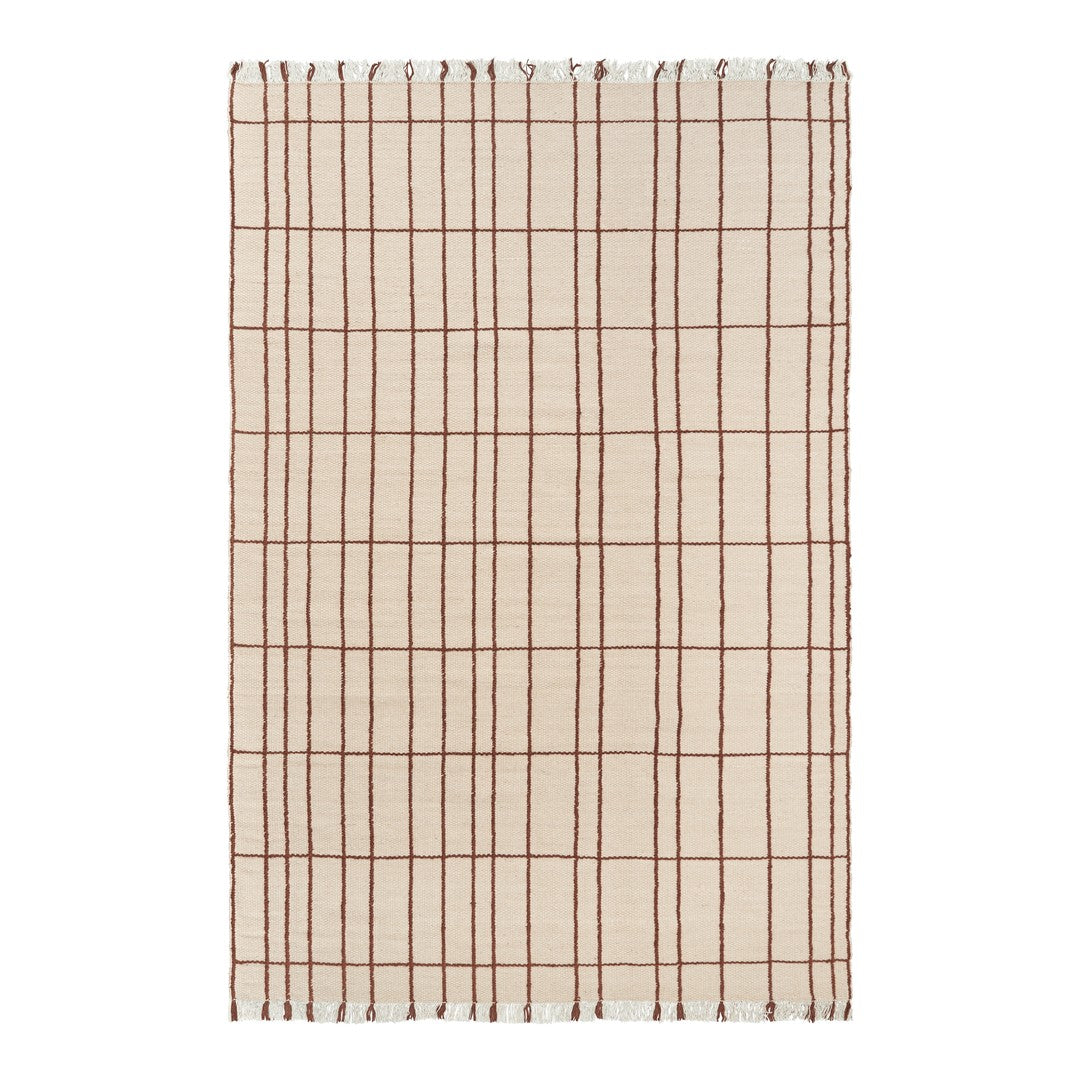 Beige woven rug with a grid pattern in brown lines and fringed edges. Perfect for modern and rustic decor.