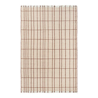 Beige woven rug with a grid pattern in brown lines and fringed edges. Perfect for modern and rustic decor.