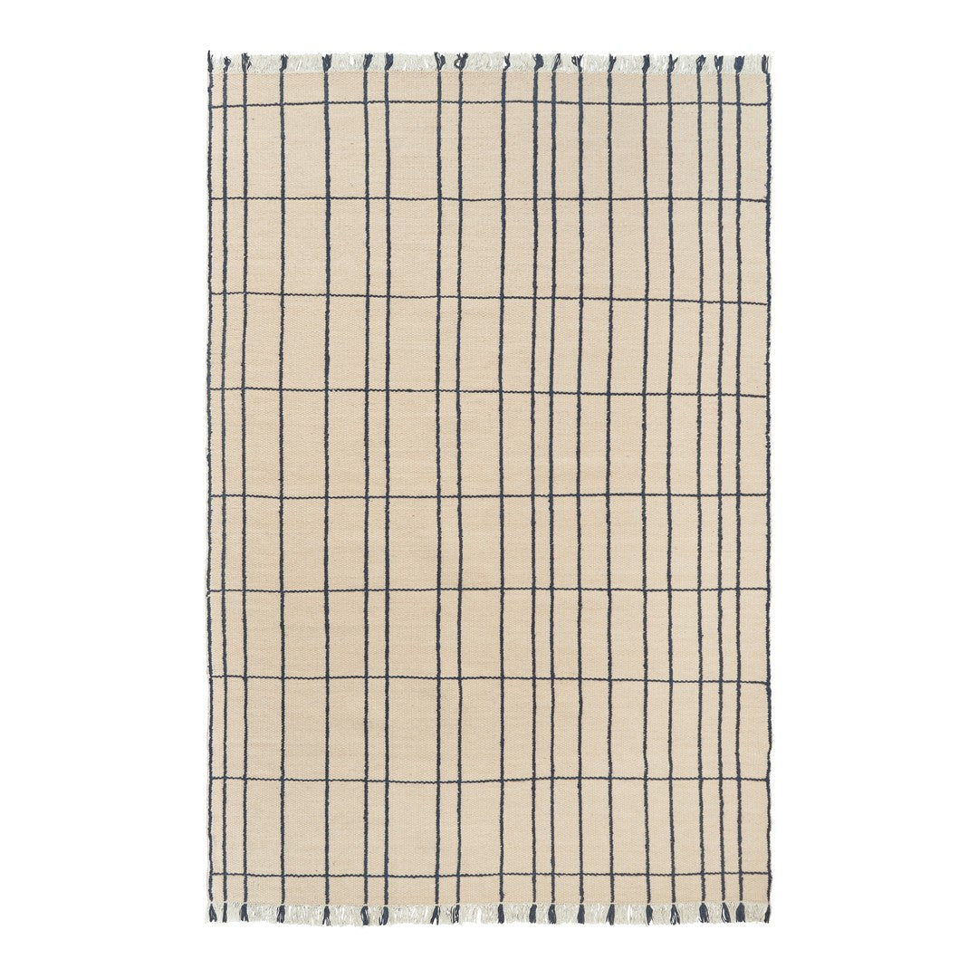 Beige woven blanket with a navy blue grid pattern and fringed edges. Perfect for stylish home decor.
