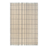 Beige woven blanket with a navy blue grid pattern and fringed edges. Perfect for stylish home decor.