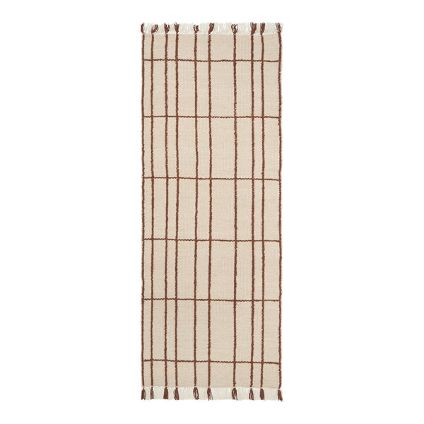 Beige rug with a brown grid pattern and fringed edges, perfect for adding a modern touch to any space.