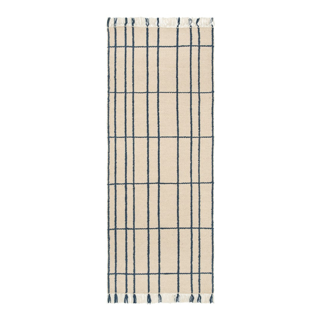 Beige woven runner with navy blue grid pattern and fringed edges for a contemporary touch. Perfect for any decor.