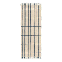 Beige woven runner with navy blue grid pattern and fringed edges for a contemporary touch. Perfect for any decor.