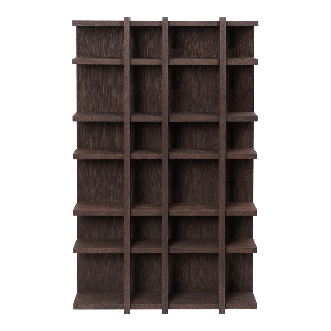Dark brown wooden bookshelf with a grid pattern and multiple open shelves for display and storage.
