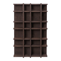 Dark brown wooden bookshelf with a grid pattern and multiple open shelves for display and storage.