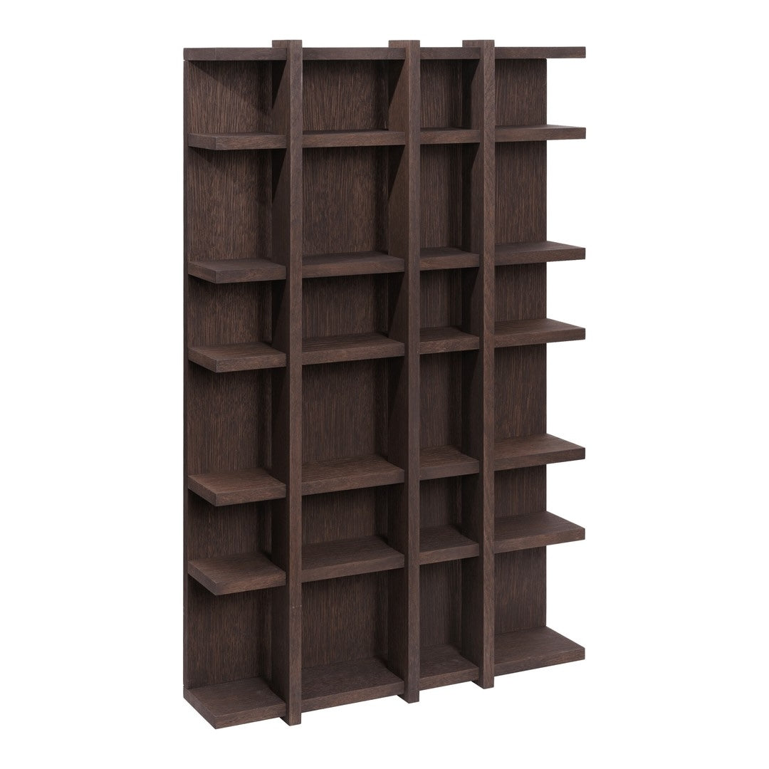 Dark brown wood bookshelf with a modern grid pattern and multiple open shelves. Ideal for stylish storage solutions.