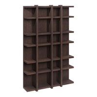 Dark brown wood bookshelf with a modern grid pattern and multiple open shelves. Ideal for stylish storage solutions.