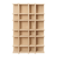 Light wooden shelving unit with a natural finish and a simple, grid-like pattern of compartments.