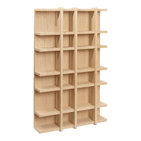 Light natural wood bookshelf with a simple, clean design featuring open shelves and vertical slats.
