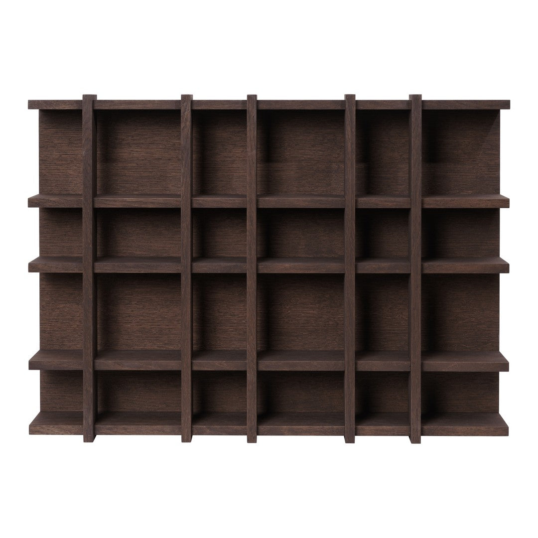 Dark brown wooden shelf with a grid pattern, featuring multiple square openings for display and storage.