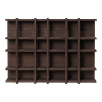 Dark brown wooden shelf with a grid pattern, featuring multiple square openings for display and storage.