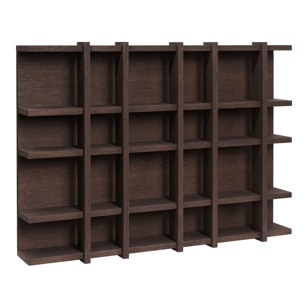 Dark brown wooden shelving unit with a rectangular grid pattern and multiple compartments. Ideal for storage and organization.