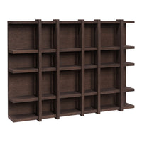 Dark brown wooden shelving unit with a rectangular grid pattern and multiple compartments. Ideal for storage and organization.