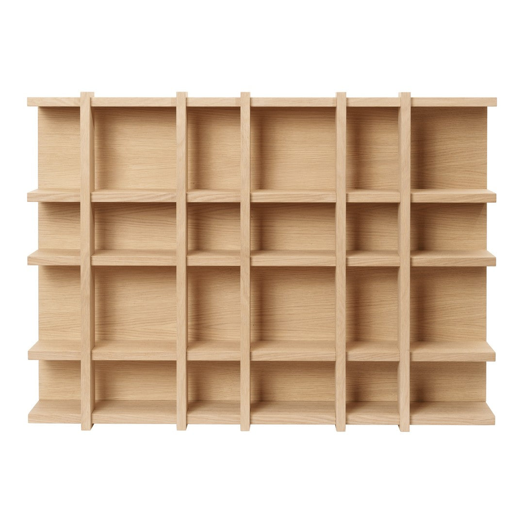 Light natural wood bookshelf with a minimalist design and grid pattern, ideal for modern decor.