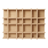 Light natural wood bookshelf with a minimalist design and grid pattern, ideal for modern decor.