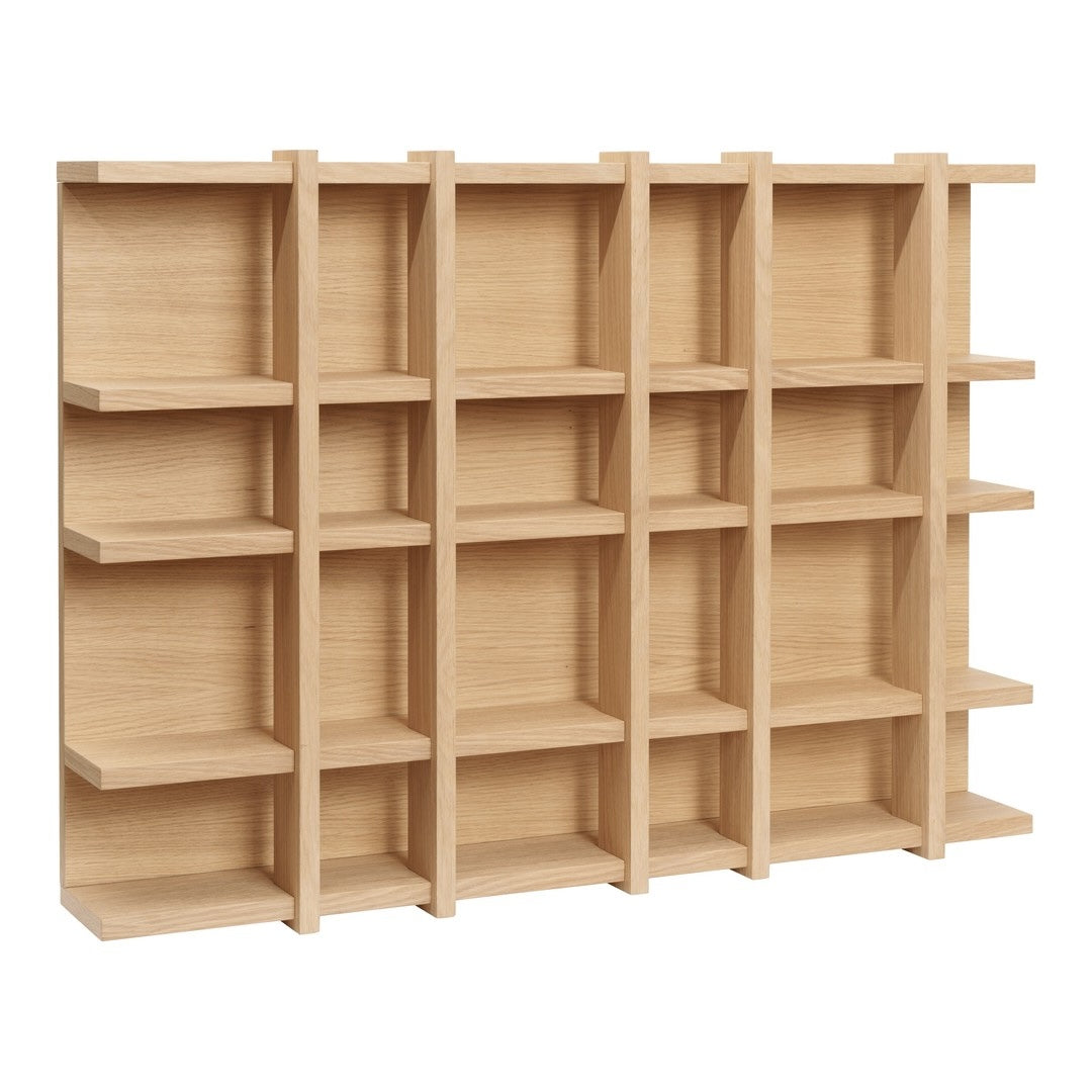 Light beige wooden bookshelf with a simple, modern design featuring multiple open shelves.