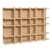 Light beige wooden bookshelf with a simple, modern design featuring multiple open shelves.