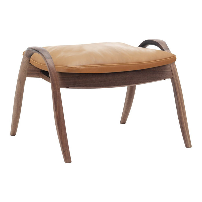 Wooden ottoman with a smooth, tan cushion and curved walnut legs, showcasing warm, natural tones and minimalist design.