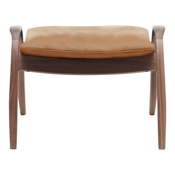 Light brown cushion on a dark wooden frame with smooth, clean lines. Modern and minimalist design.