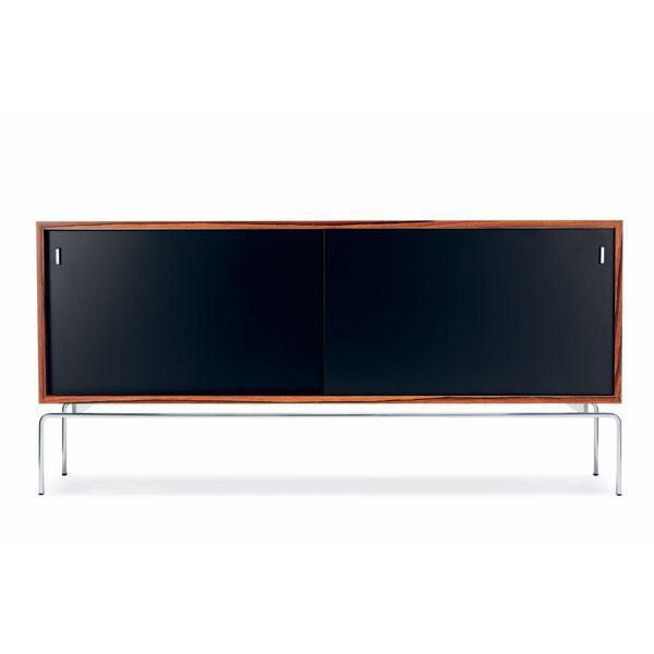 Mid-century modern cabinet featuring a sleek black finish and rich wood accents, supported by minimalist chrome legs.