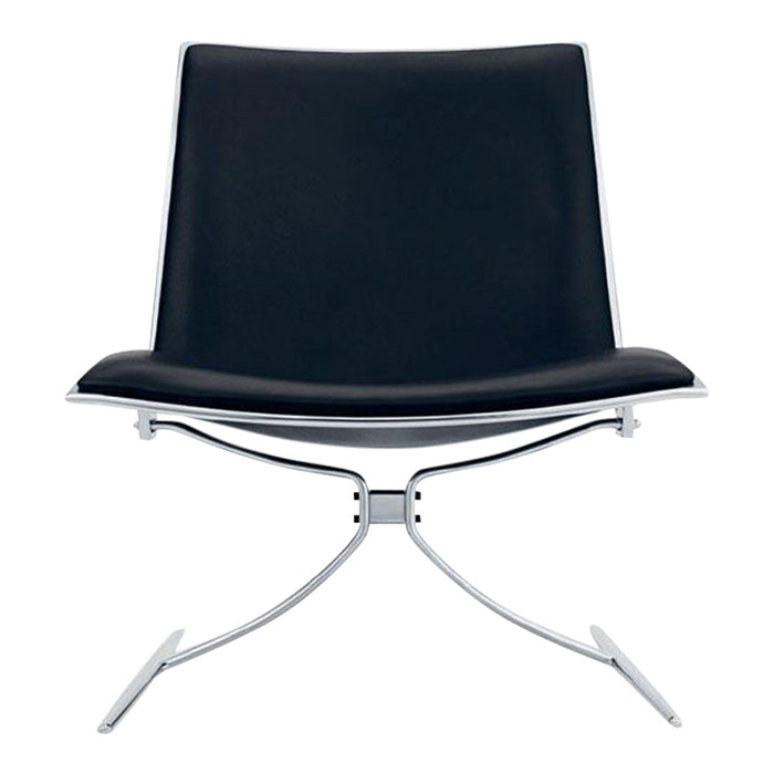 Black leather chair with a sleek chrome frame, featuring a minimalist design and smooth, clean lines.