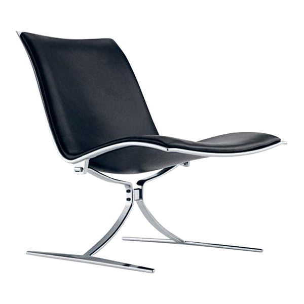 Sleek black leather chair with a minimalist chrome frame, featuring smooth, curved lines and a contemporary design.