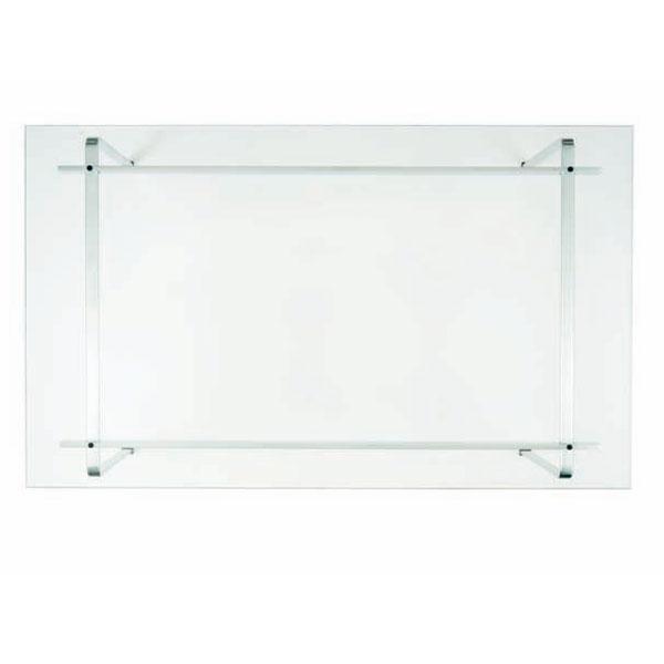 Clear rectangular glass table with sleek chrome accents and modern minimalist design. Perfect for contemporary decor.