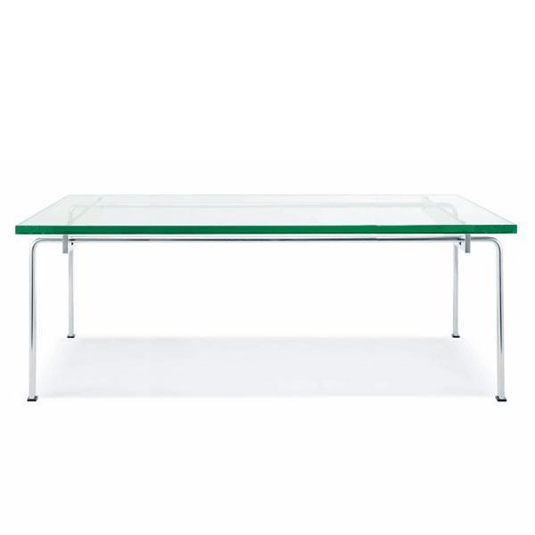 Clear glass coffee table with green-edged top and sleek chrome legs against a white background.
