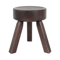 Dark brown wooden stool with a smooth round seat and tapered legs, showcasing a minimalist design.