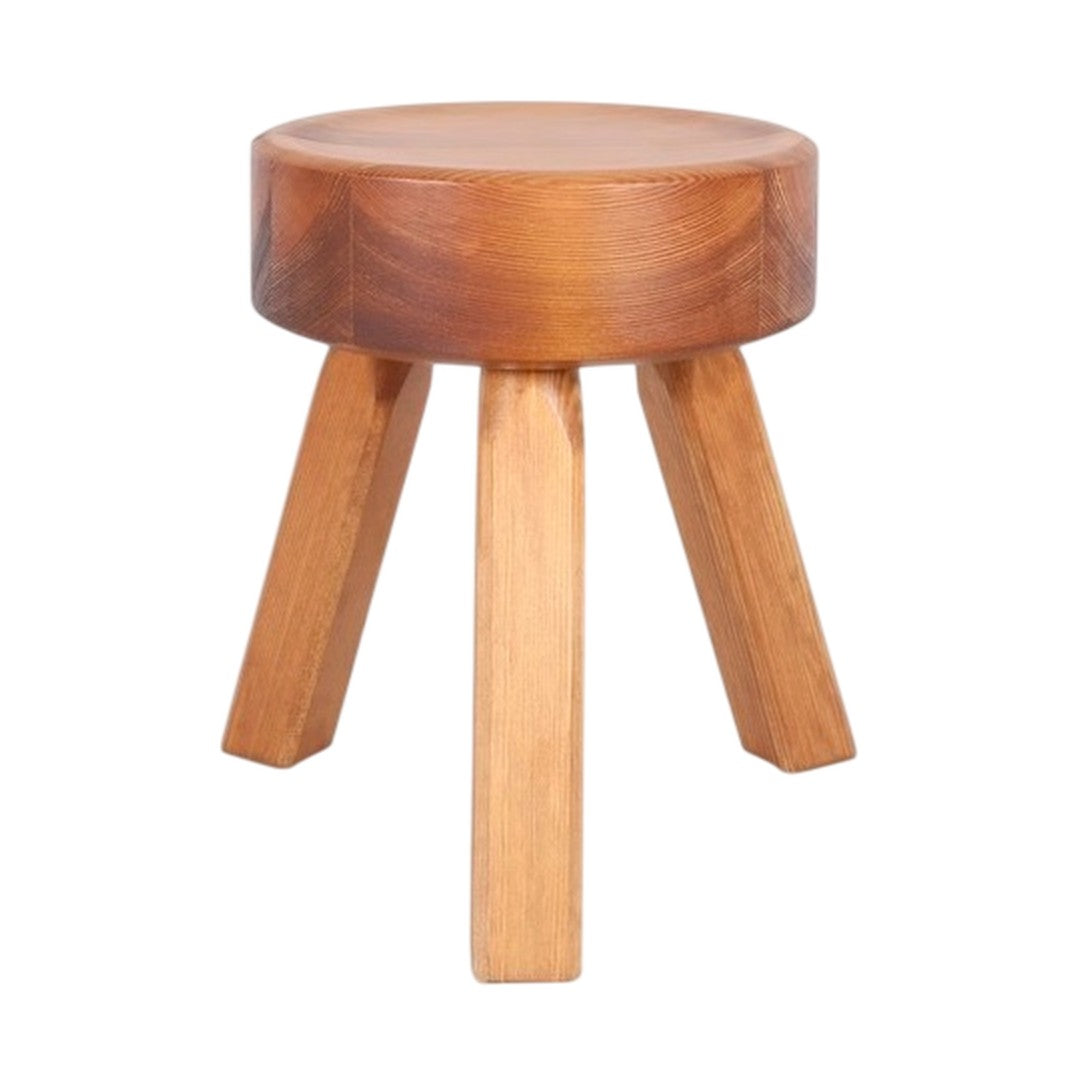 Natural brown wooden stool with a round top and tapered legs, showcasing a smooth, polished finish.