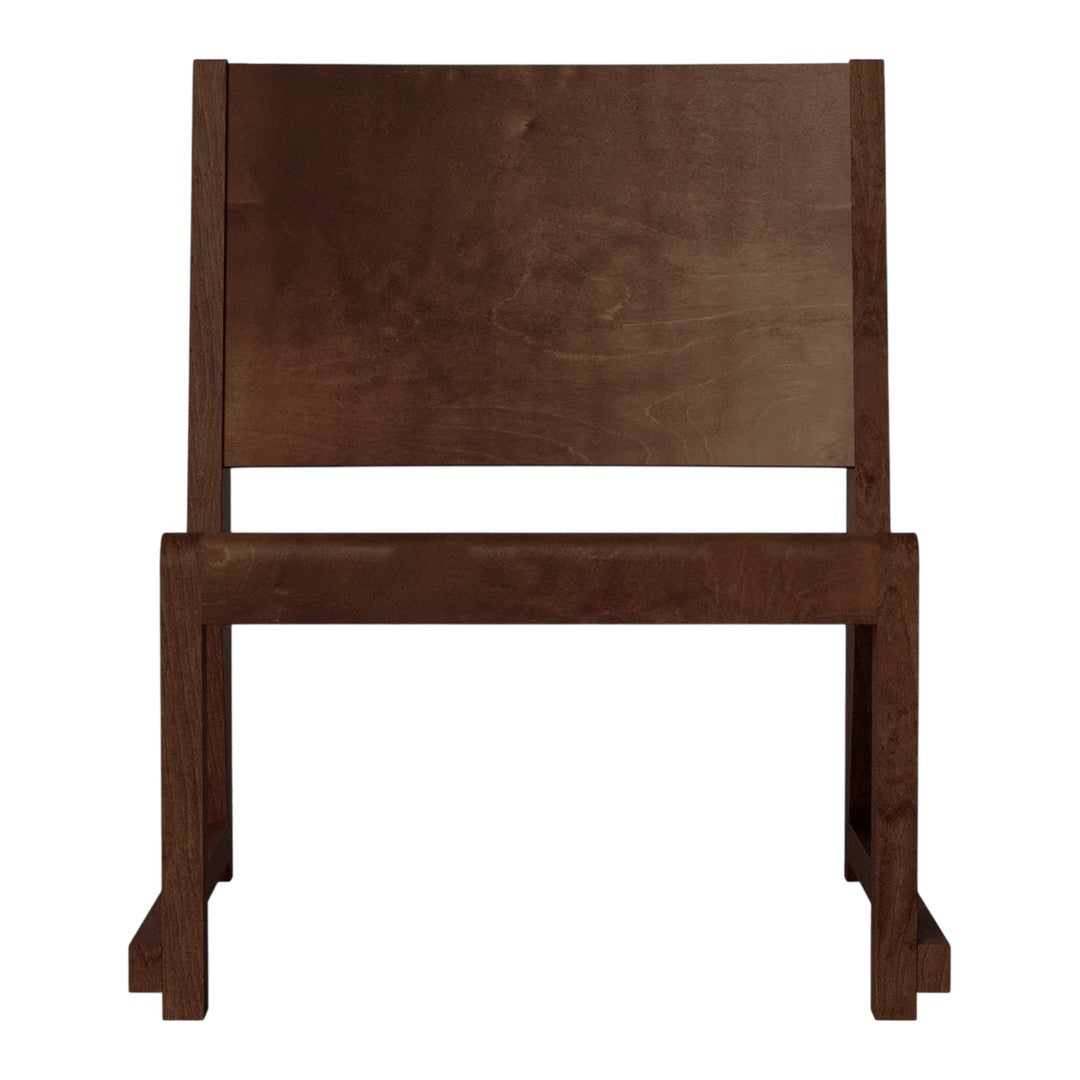 Wooden chair in dark brown finish with a simple, solid design, showcasing a minimalist style. No patterns present.