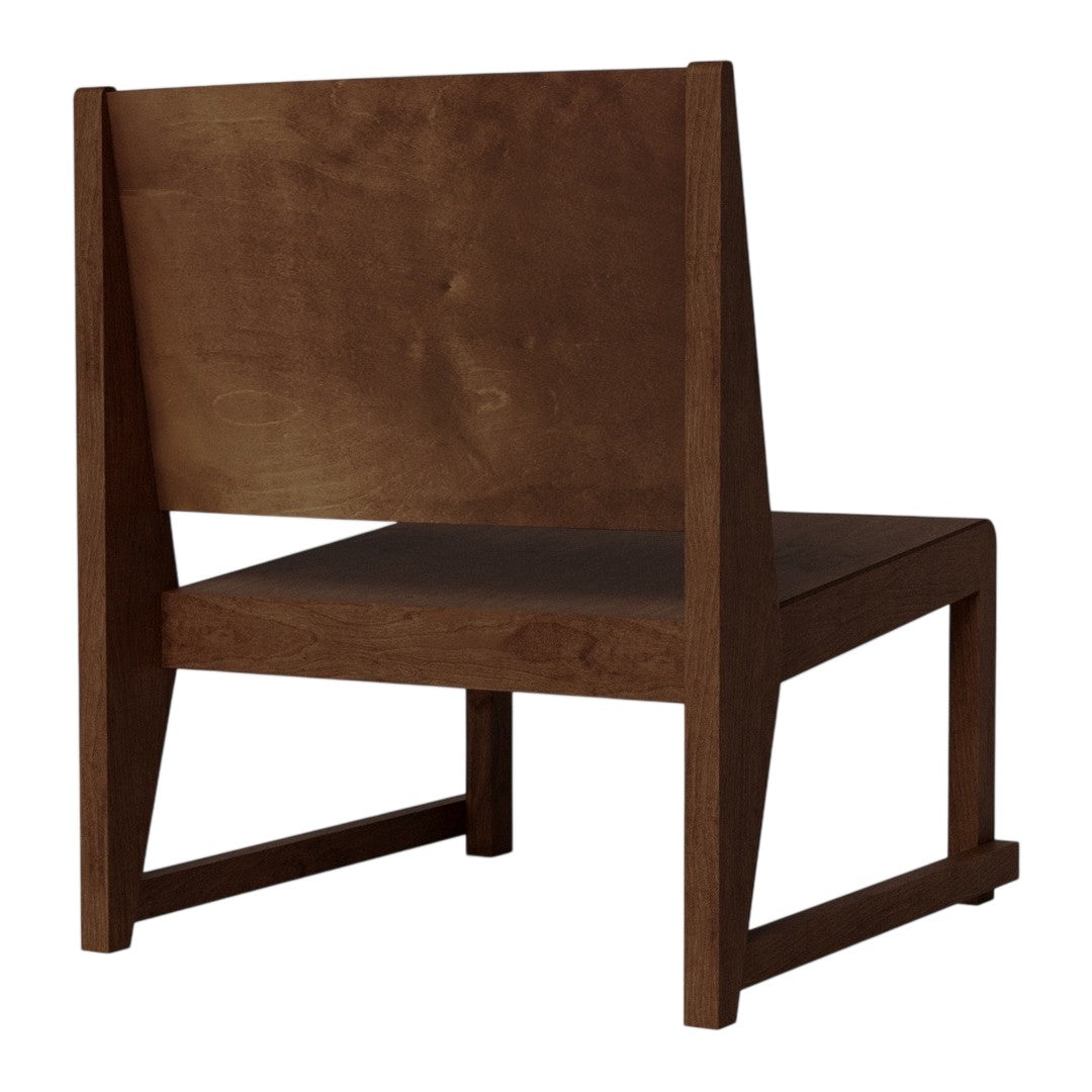 Brown wooden chair with a simple, modern design and smooth, matte finish. Perfect for minimalist decor.
