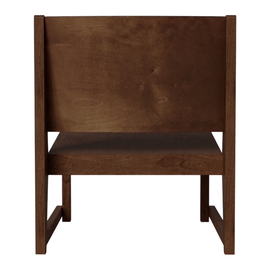 Brown wooden chair with a smooth, matte finish and simple, modern design. Ideal for minimalistic decor.