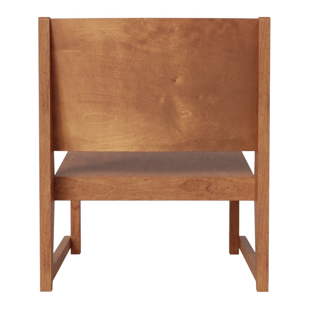 Natural wood chair with a warm brown finish and minimalist design, showcasing smooth, clean lines.
