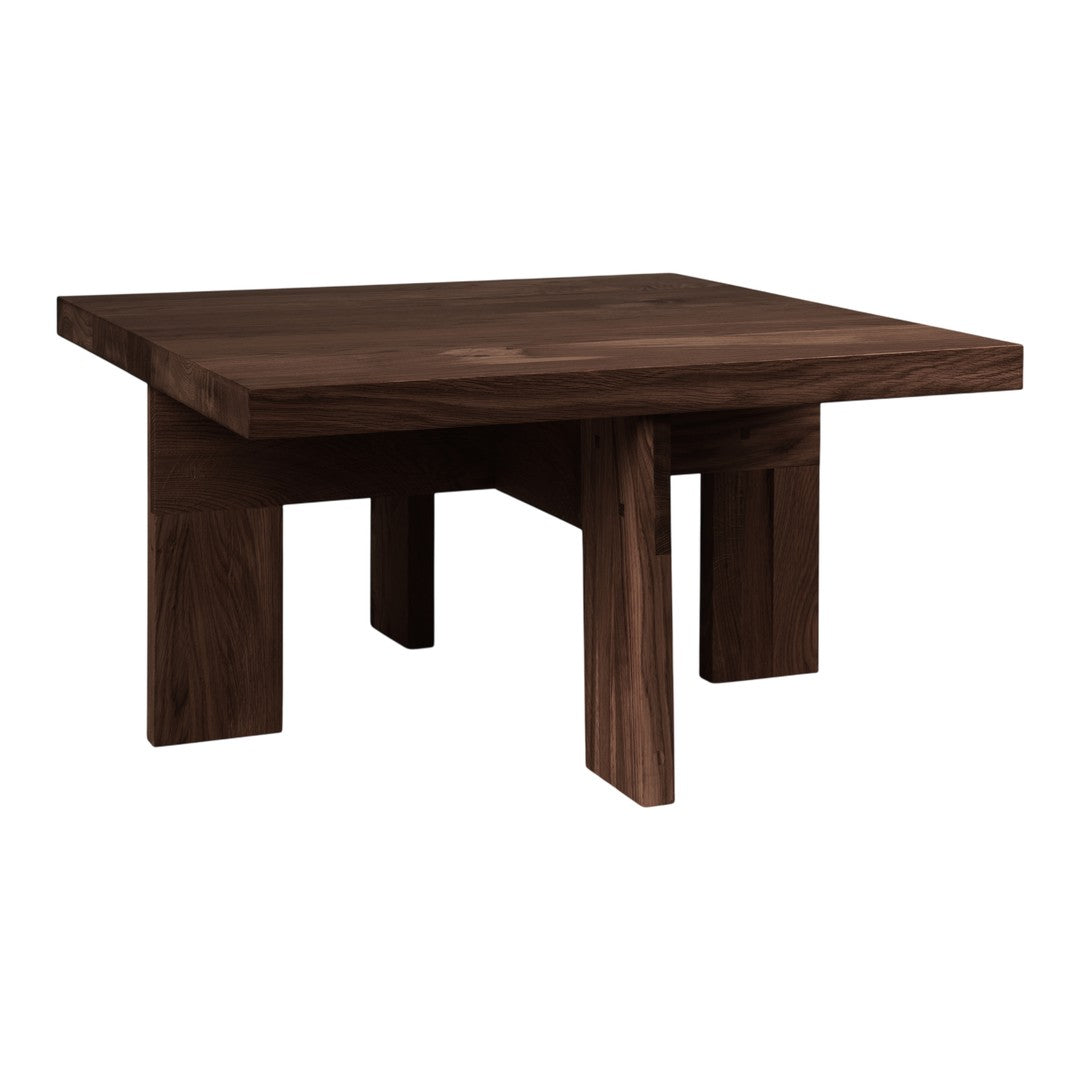 Dark walnut wood square coffee table with a smooth, solid surface and minimalist design.