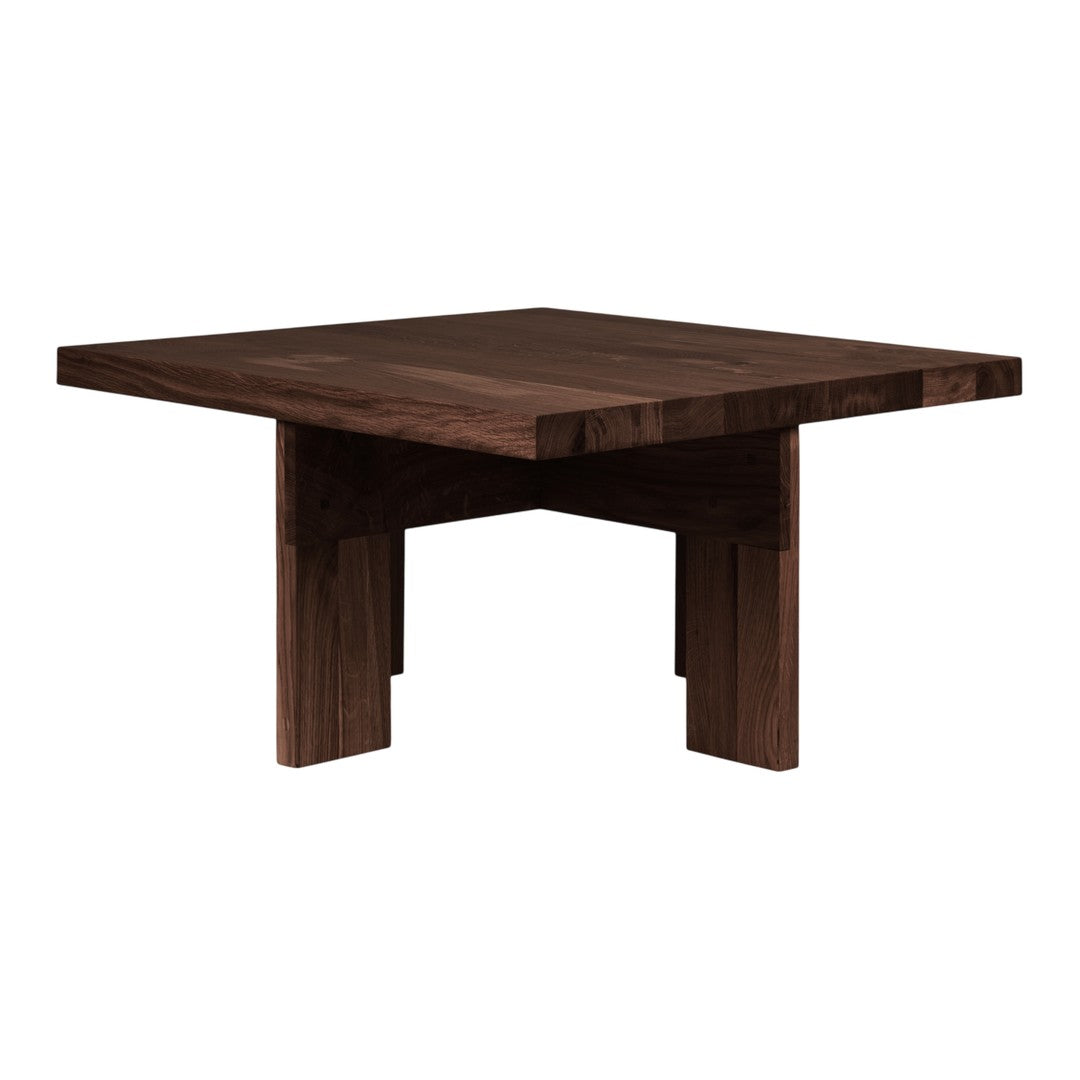 Dark brown square wood table with a smooth, natural finish and minimalistic design. Perfect for modern decor.