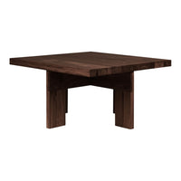 Dark brown square wood table with a smooth, natural finish and minimalistic design. Perfect for modern decor.