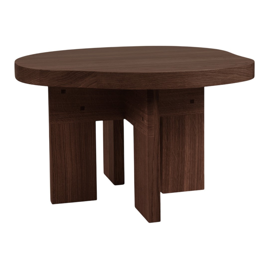 Round brown wooden table with a smooth finish and sturdy block legs, perfect for modern home decor.