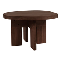 Round brown wooden table with a smooth finish and sturdy block legs, perfect for modern home decor.