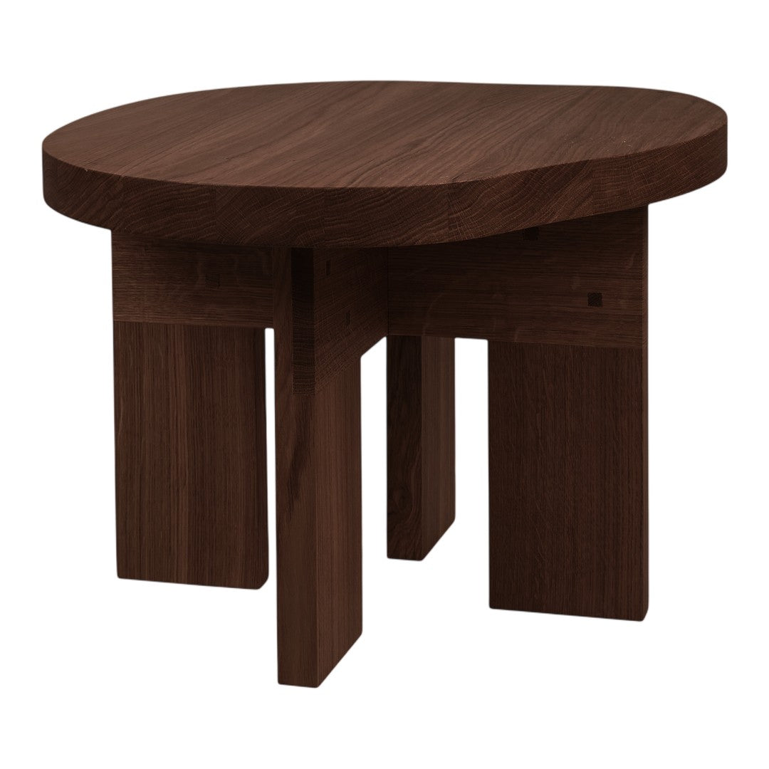 Round wooden table with a rich walnut finish and a sleek, minimalist design. Ideal for modern decor.