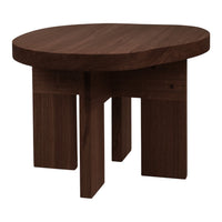 Round wooden table with a rich walnut finish and a sleek, minimalist design. Ideal for modern decor.