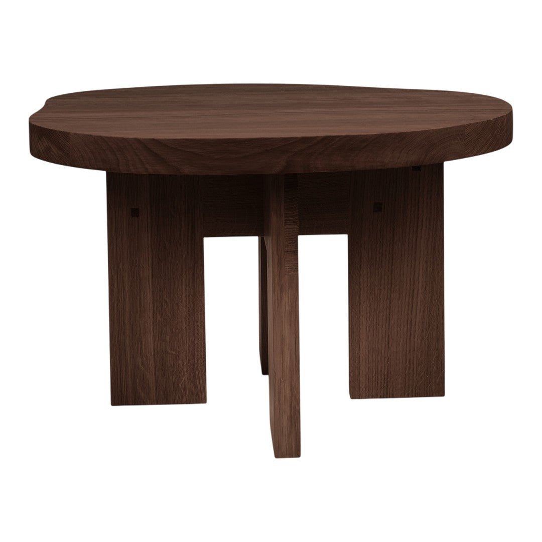 Round wooden coffee table with rich walnut finish and smooth, natural grain pattern. Elegant and modern design.