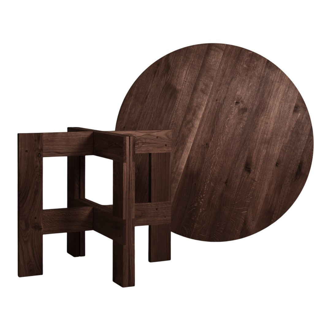 Dark brown wooden table and stool with a smooth, circular tabletop and minimalist square legs. Textured finish adds warmth.