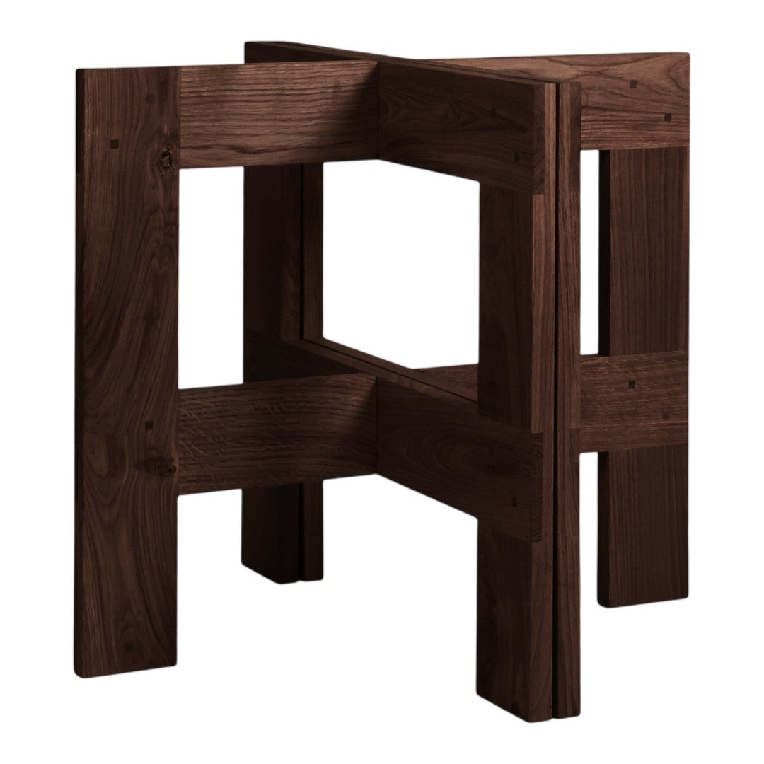 Dark walnut wood stool with a minimalist design and clean lines, showcasing rich grain patterns and a deep brown finish.