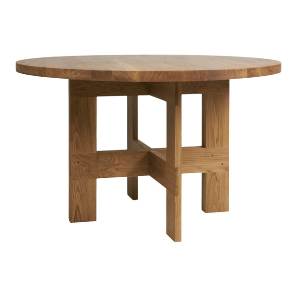 Round wooden table in light beige with a natural wood grain pattern and a sturdy, square leg design.