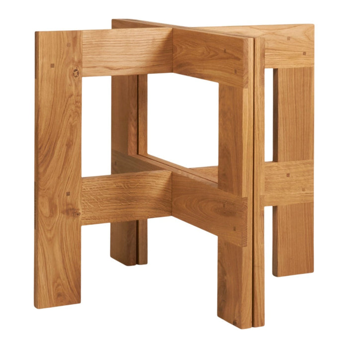 Natural oak wood stool with a minimalist design, showcasing warm brown tones and simple geometric patterns.